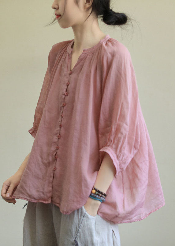 Italian Rose Flower V Neck Button Loose Half Sleeve Blouse Top