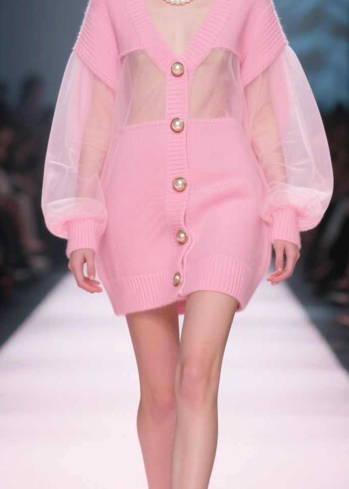 Italian Pink V Neck Tulle Button Patchwork Knit Cardigan Fall