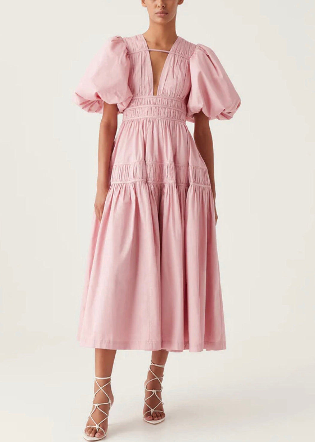 Italian Pink V Neck Wrinkled Cotton Maxi Dress Puff Sleeve