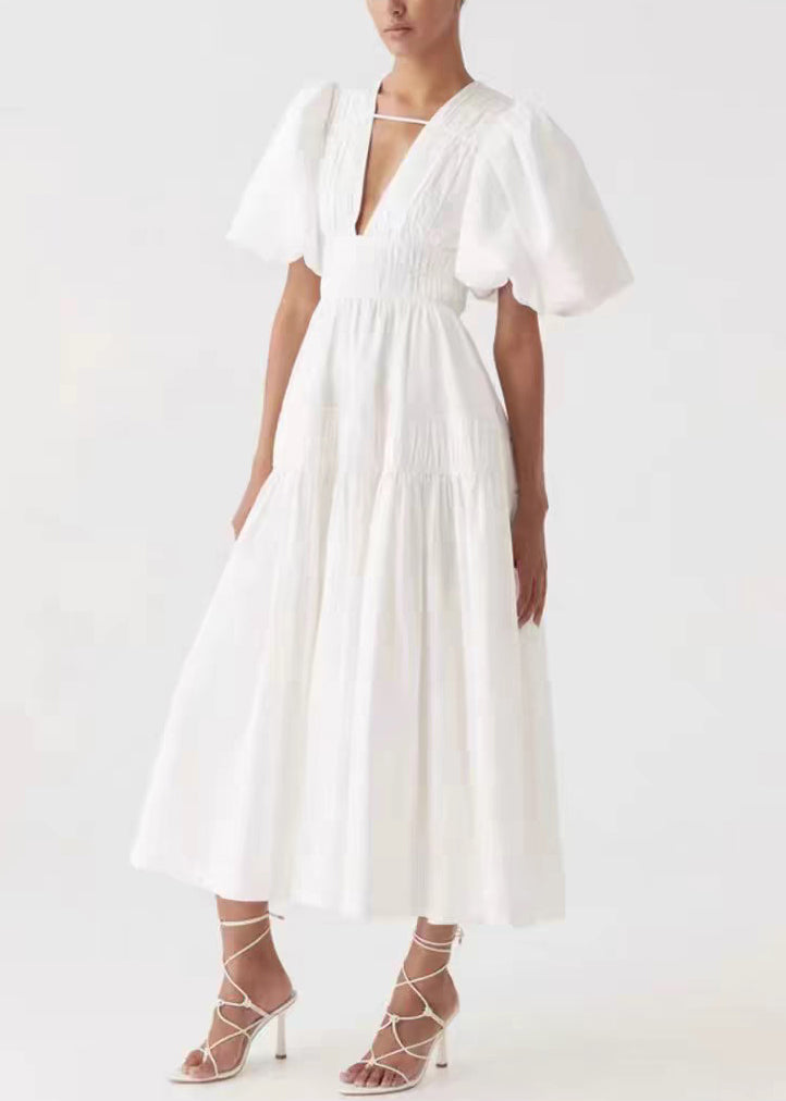 Italian Pink V Neck Wrinkled Cotton Maxi Dress Puff Sleeve