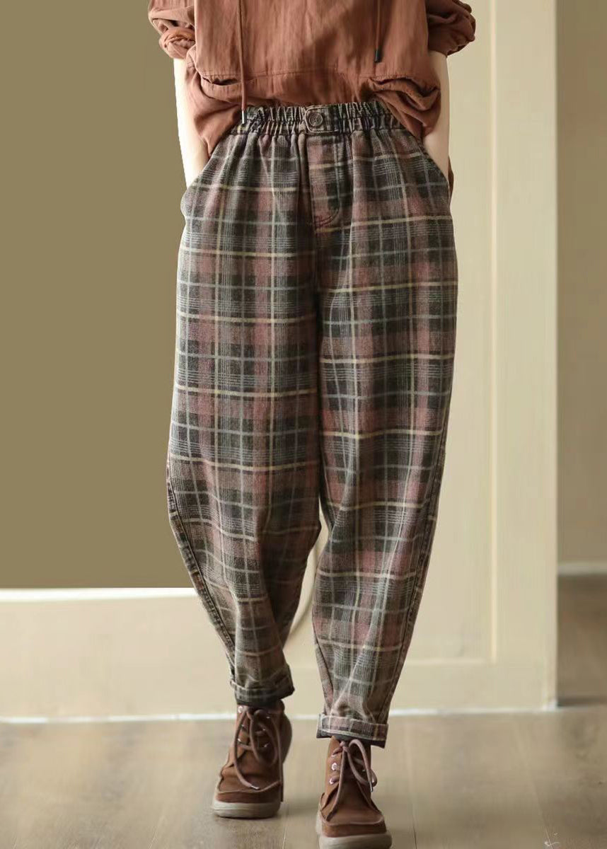 Italian Plaid Pockets Elastic Waist Denim Crop Pants Spring