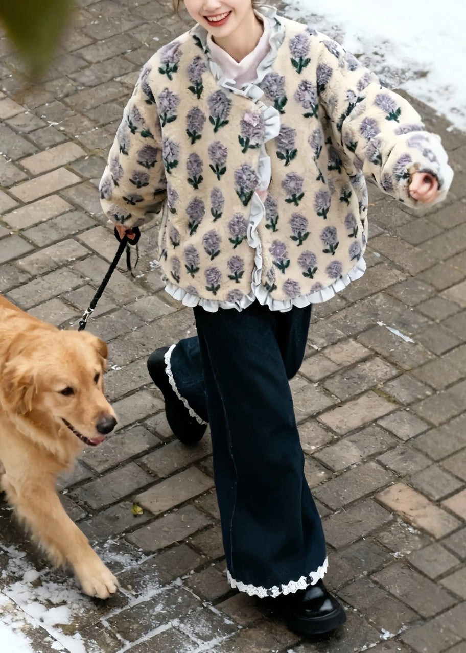 Italian Print Ruffled Patchwork Mink Velvet Coats And Wide Leg Pants Two Pieces Set Winter