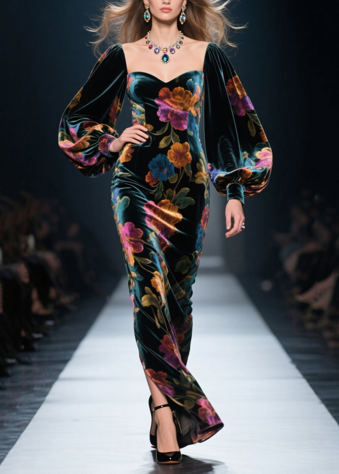 Italian Print Side Open Velvet Long Dresses Lantern Sleeve