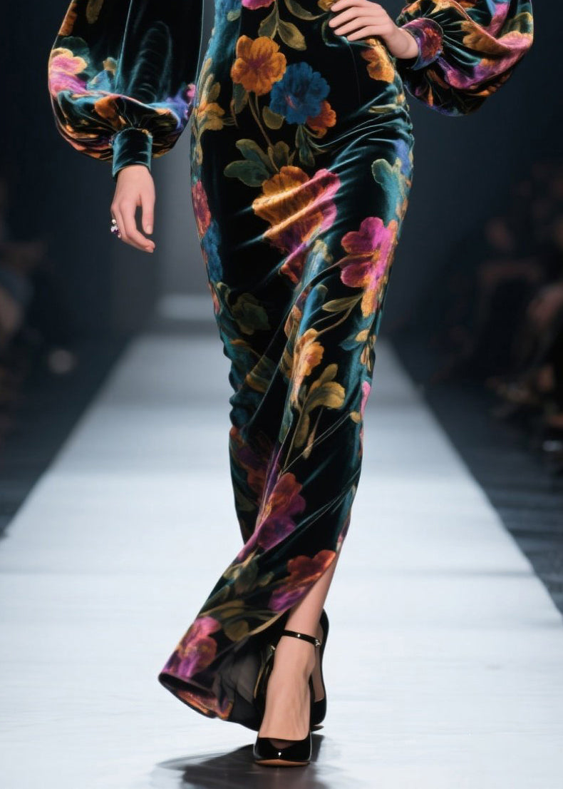 Italian Print Side Open Velvet Long Dresses Lantern Sleeve