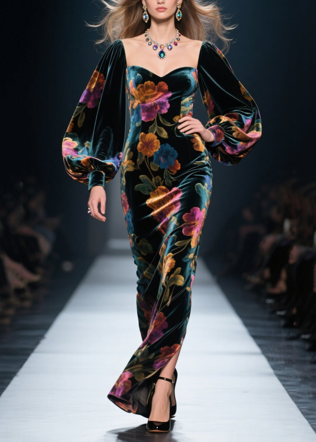 Italian Print Side Open Velvet Long Dresses Lantern Sleeve