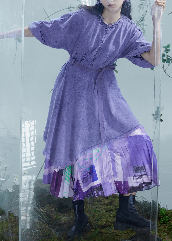 Italian Purple Asymmetrical Design Patchwork Denim Dresses Lantern Sleeve