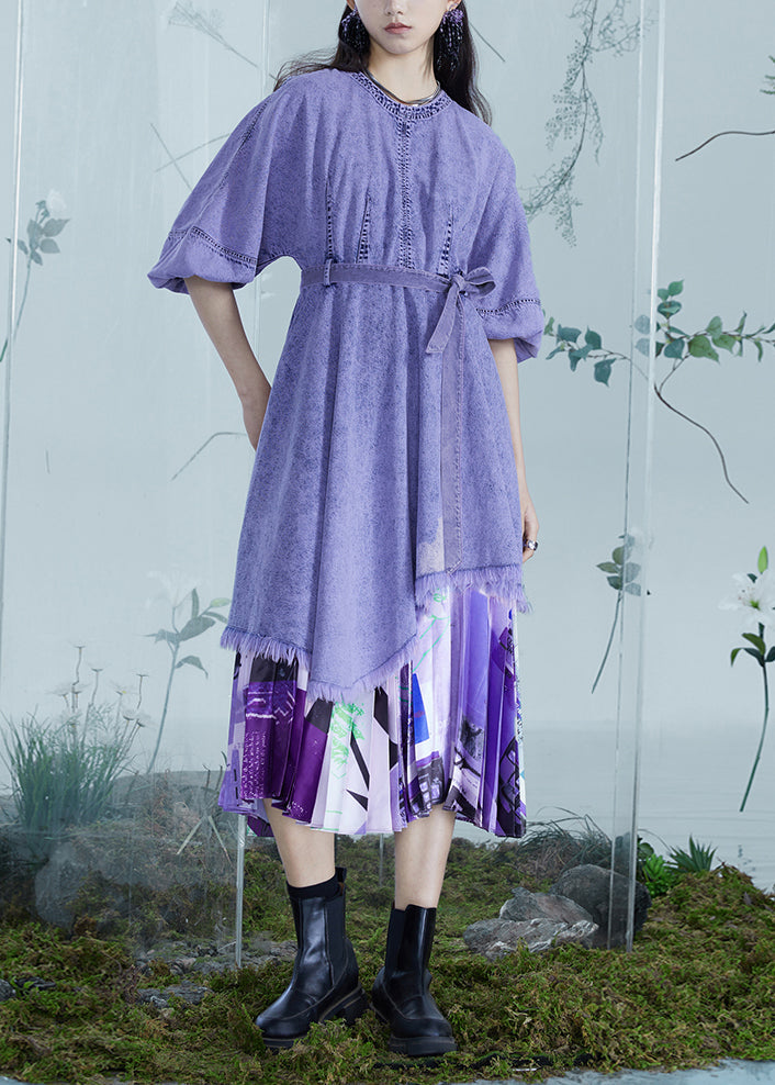 Italian Purple Asymmetrical Design Patchwork Denim Dresses Lantern Sleeve