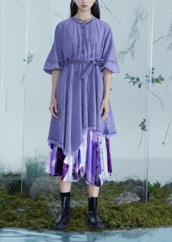 Italian Purple Asymmetrical Design Patchwork Denim Dresses Lantern Sleeve