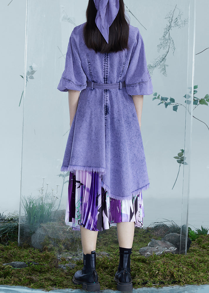 Italian Purple Asymmetrical Design Patchwork Denim Dresses Lantern Sleeve