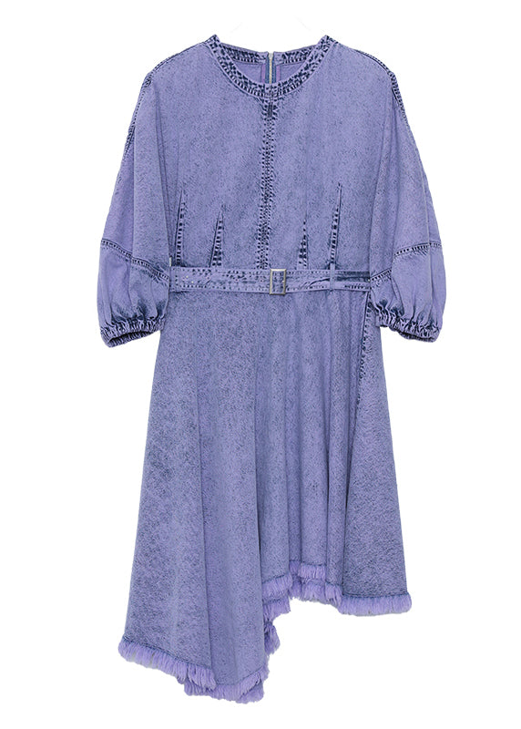Italian Purple Asymmetrical Design Patchwork Denim Dresses Lantern Sleeve