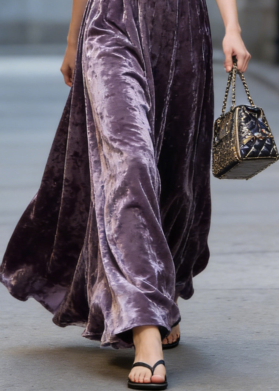 Italian Purple Elastic Waist Exra Large Hem Velvet Skirt Spring