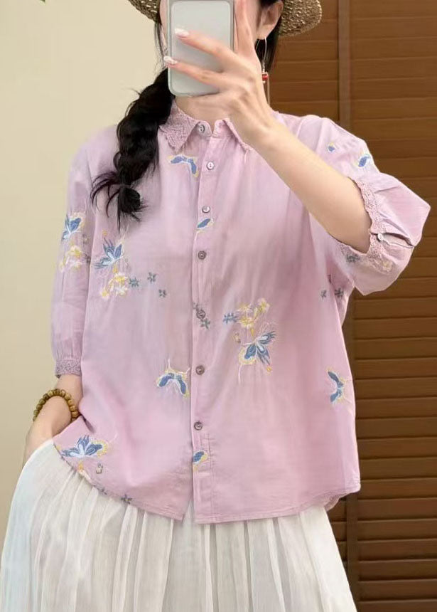 Italian Purple Embroidered Butterfly Cotton Shirts Summer