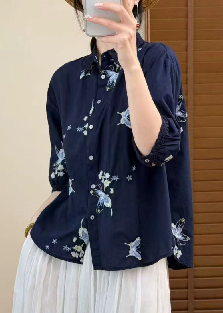 Italian Purple Embroidered Butterfly Cotton Shirts Summer