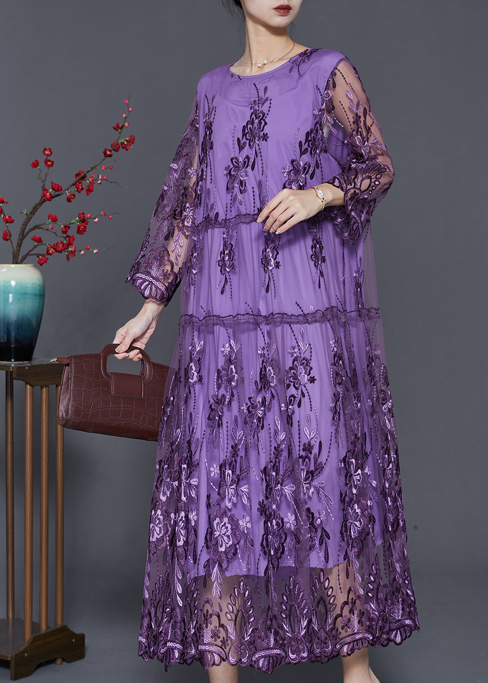 Italian Purple Embroidered Patchwork Tulle Long Dresses Summer