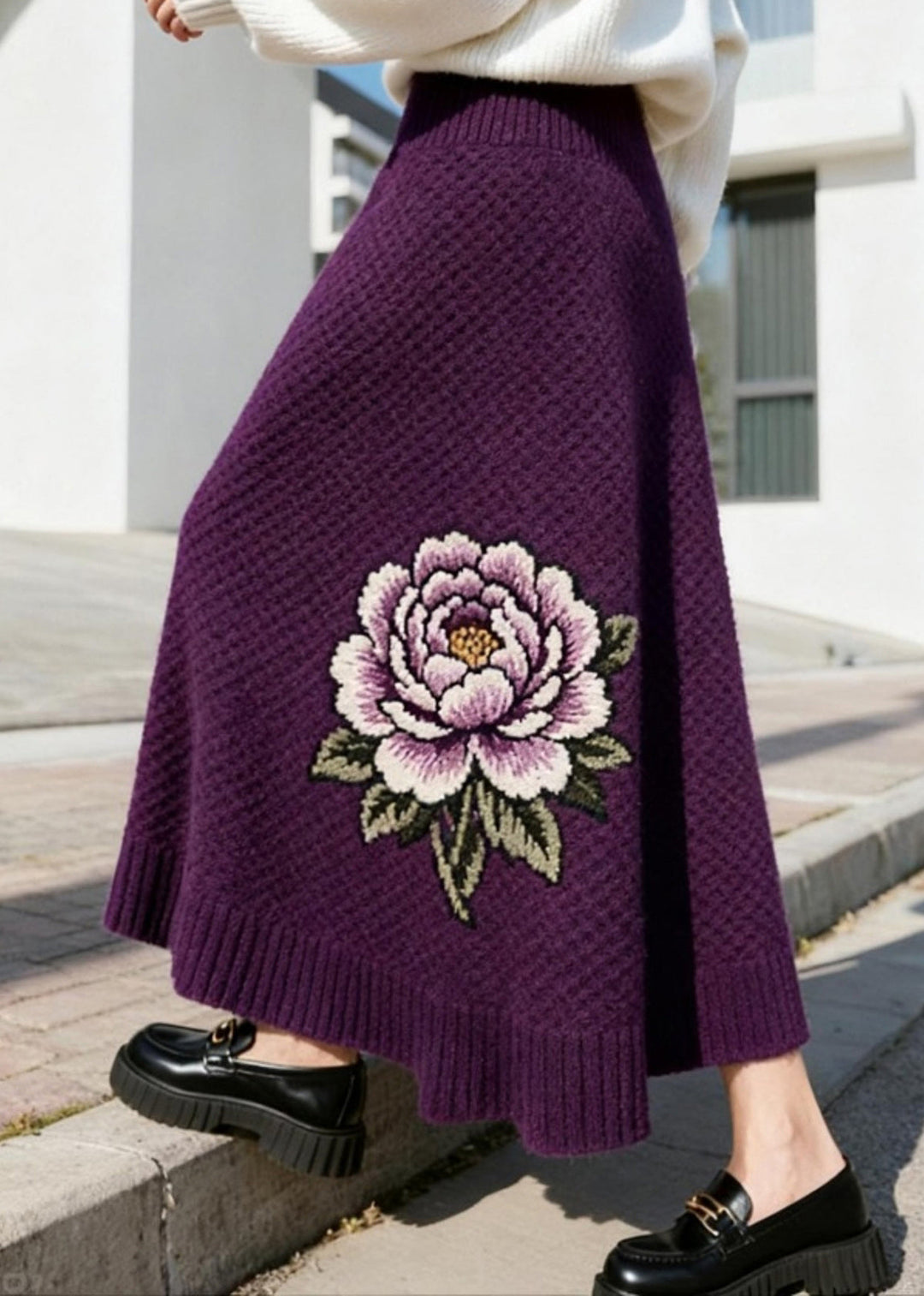 Italian Purple Floral High Waist Knit Skirt Winter