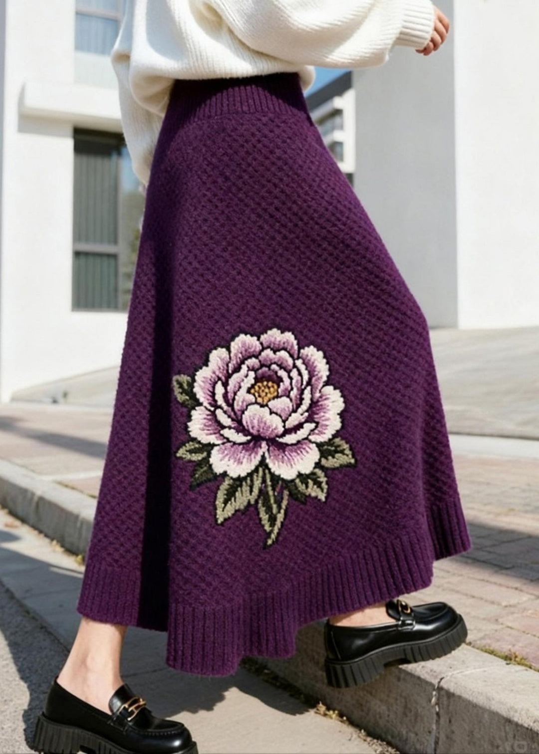 Italian Purple Floral High Waist Knit Skirt Winter