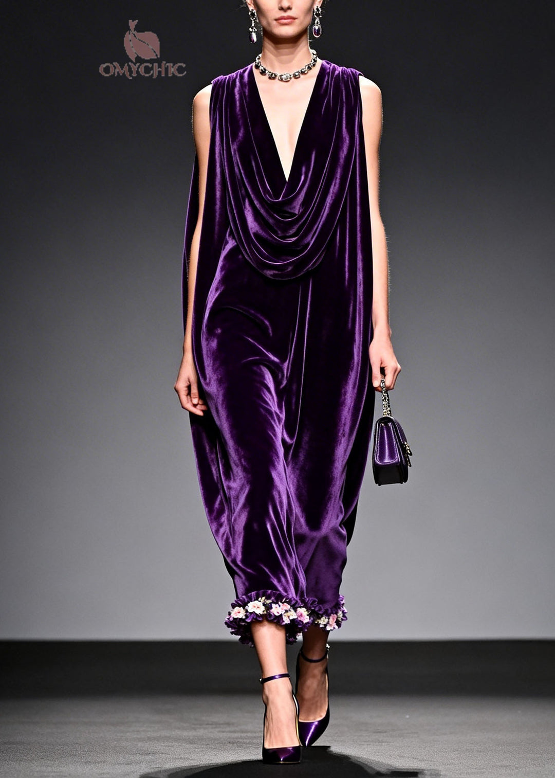 Italian Purple Floral Patchwork Velvet Long Dress Sleeveless