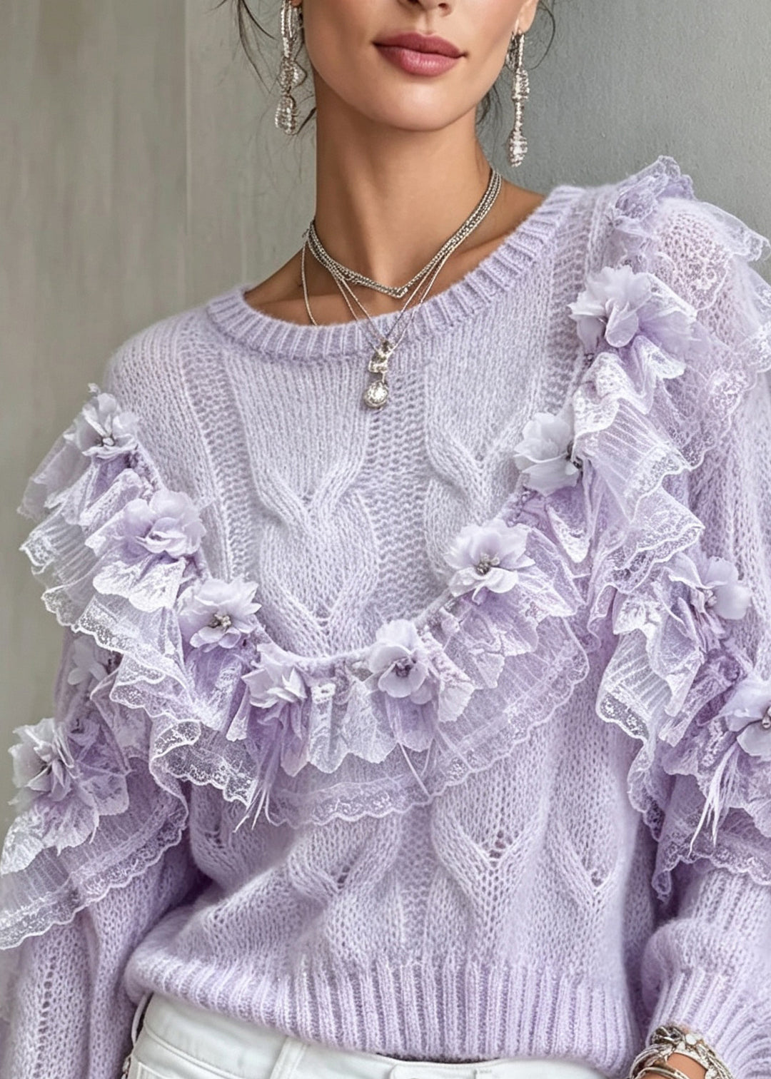 Italian Purple Lace Ruffled Patchwork Knit Sweater Tops Fall