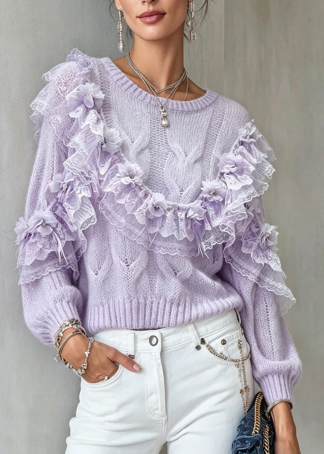 Italian Purple Lace Ruffled Patchwork Knit Sweater Tops Fall