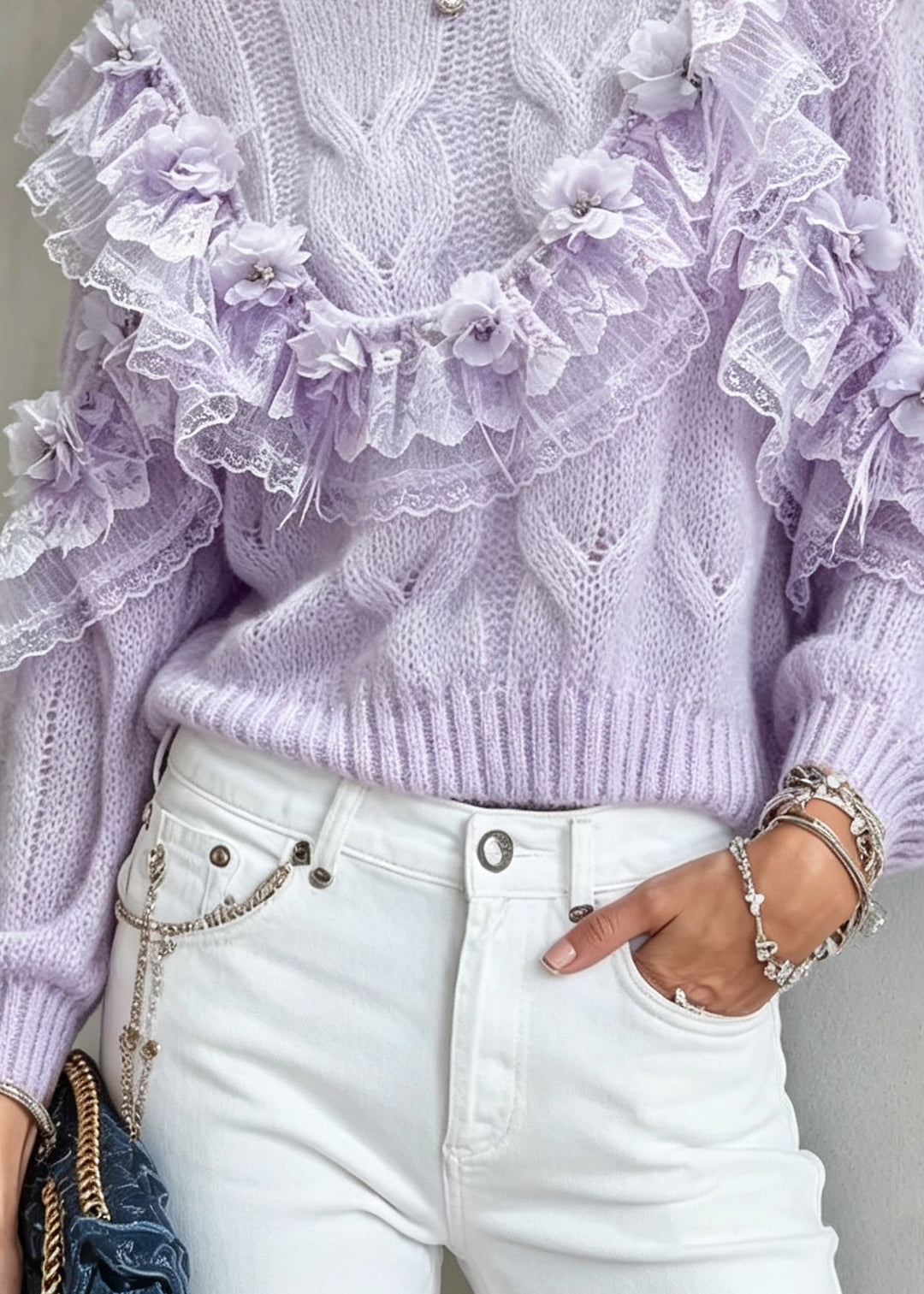 Italian Purple Lace Ruffled Patchwork Knit Sweater Tops Fall