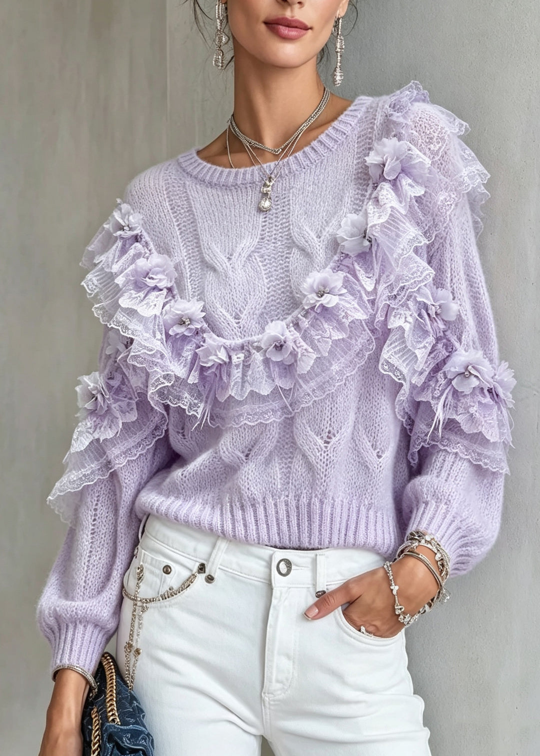 Italian Purple Lace Ruffled Patchwork Knit Sweater Tops Fall