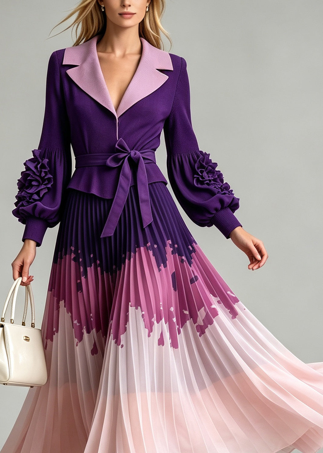Italian Purple Peter Pan Collar Floral Patchwork Wrinkled Dress Lantern Sleeve