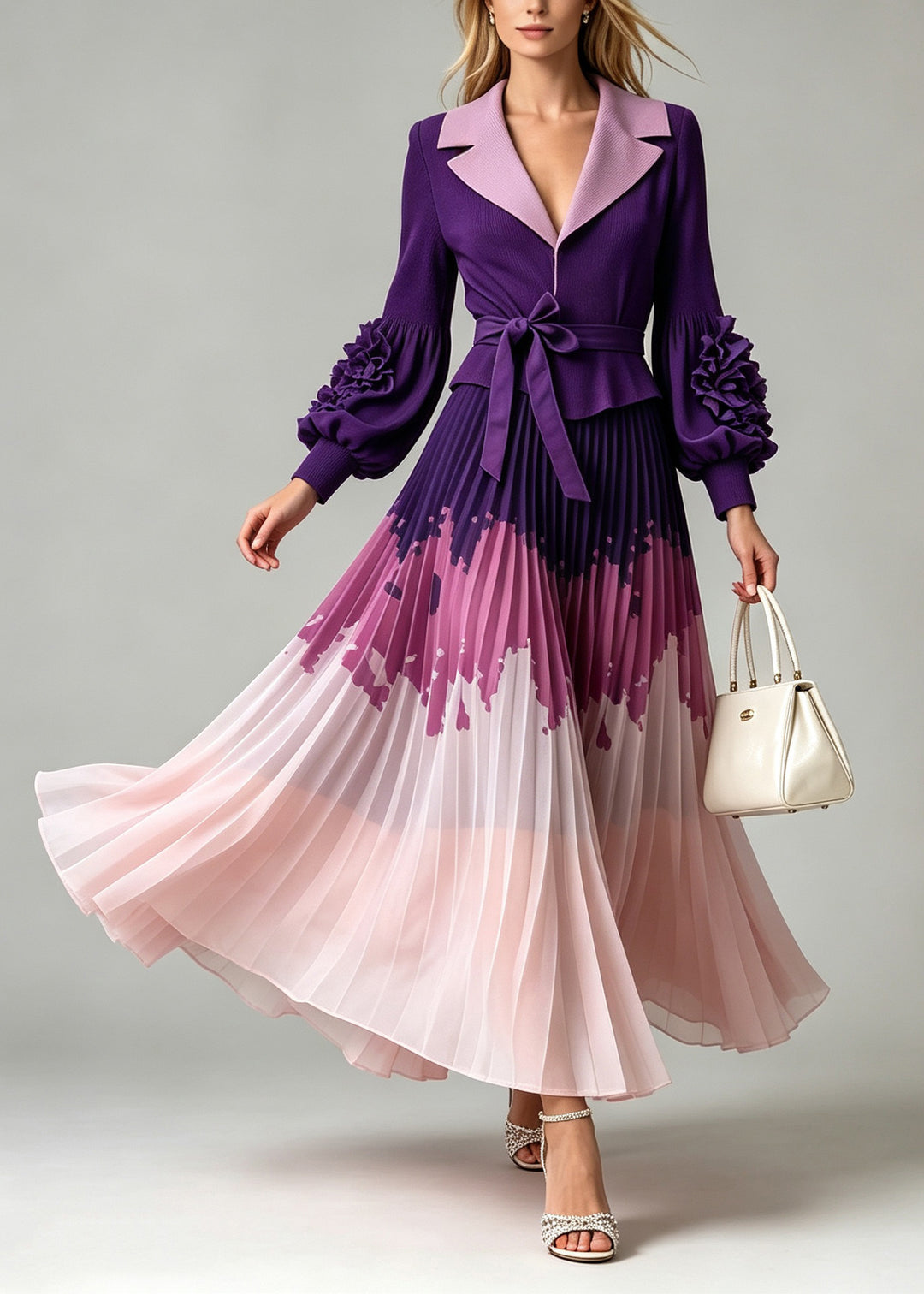 Italian Purple Peter Pan Collar Floral Patchwork Wrinkled Dress Lantern Sleeve