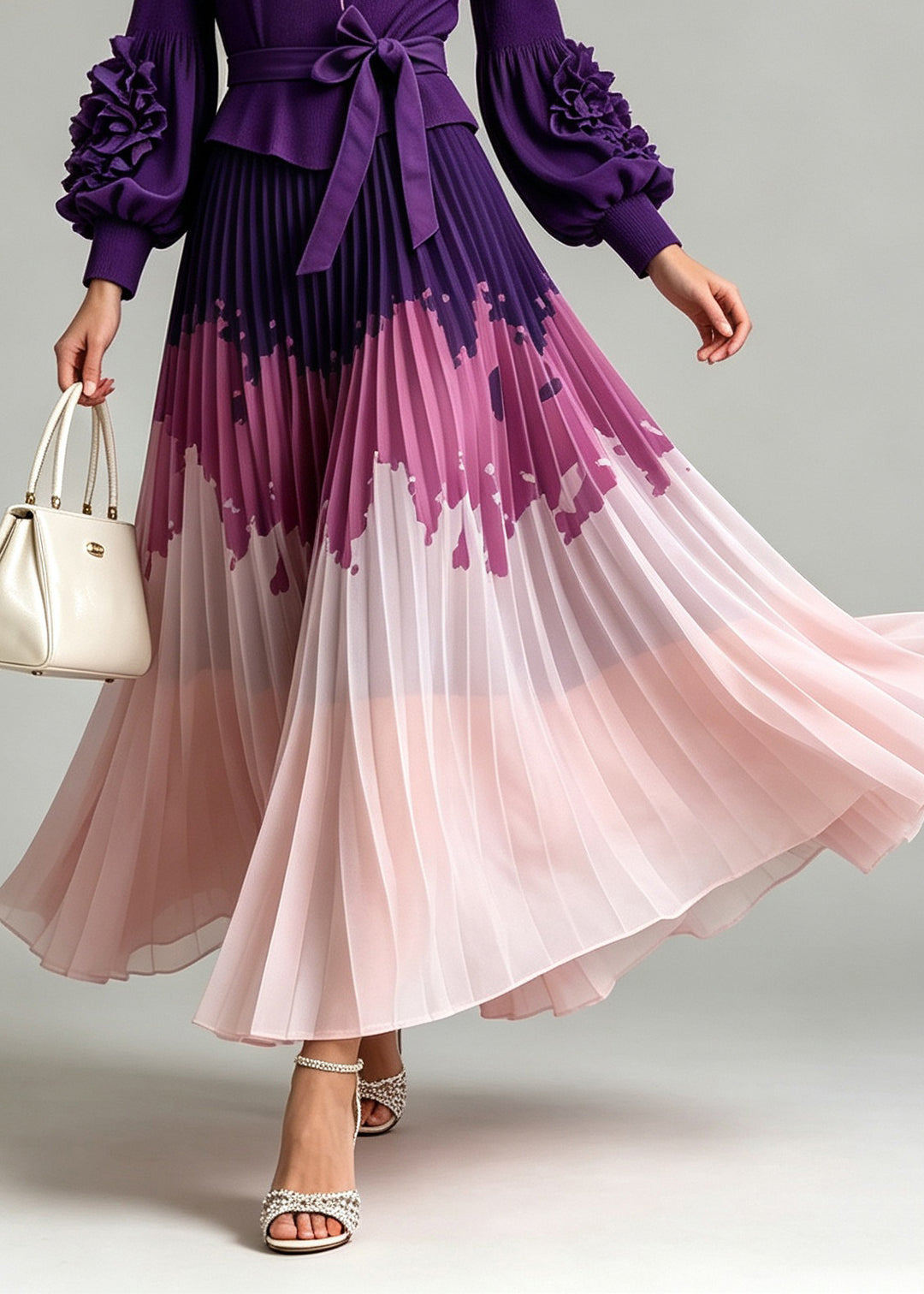 Italian Purple Peter Pan Collar Floral Patchwork Wrinkled Dress Lantern Sleeve