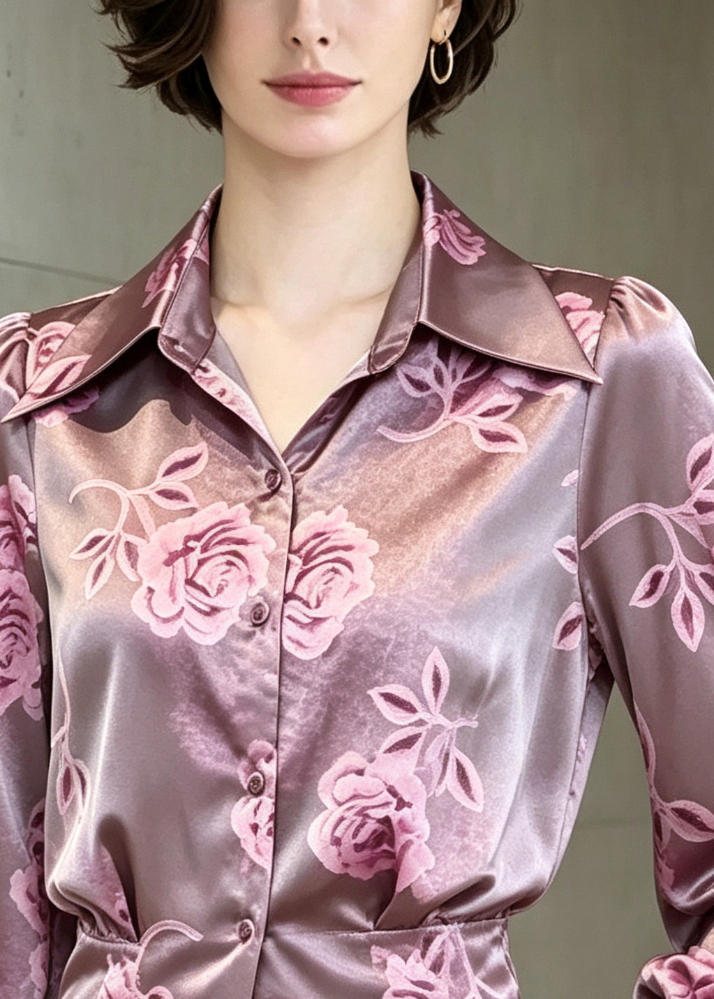 Italian Purple Peter Pan Collar Print Silk Top Summer