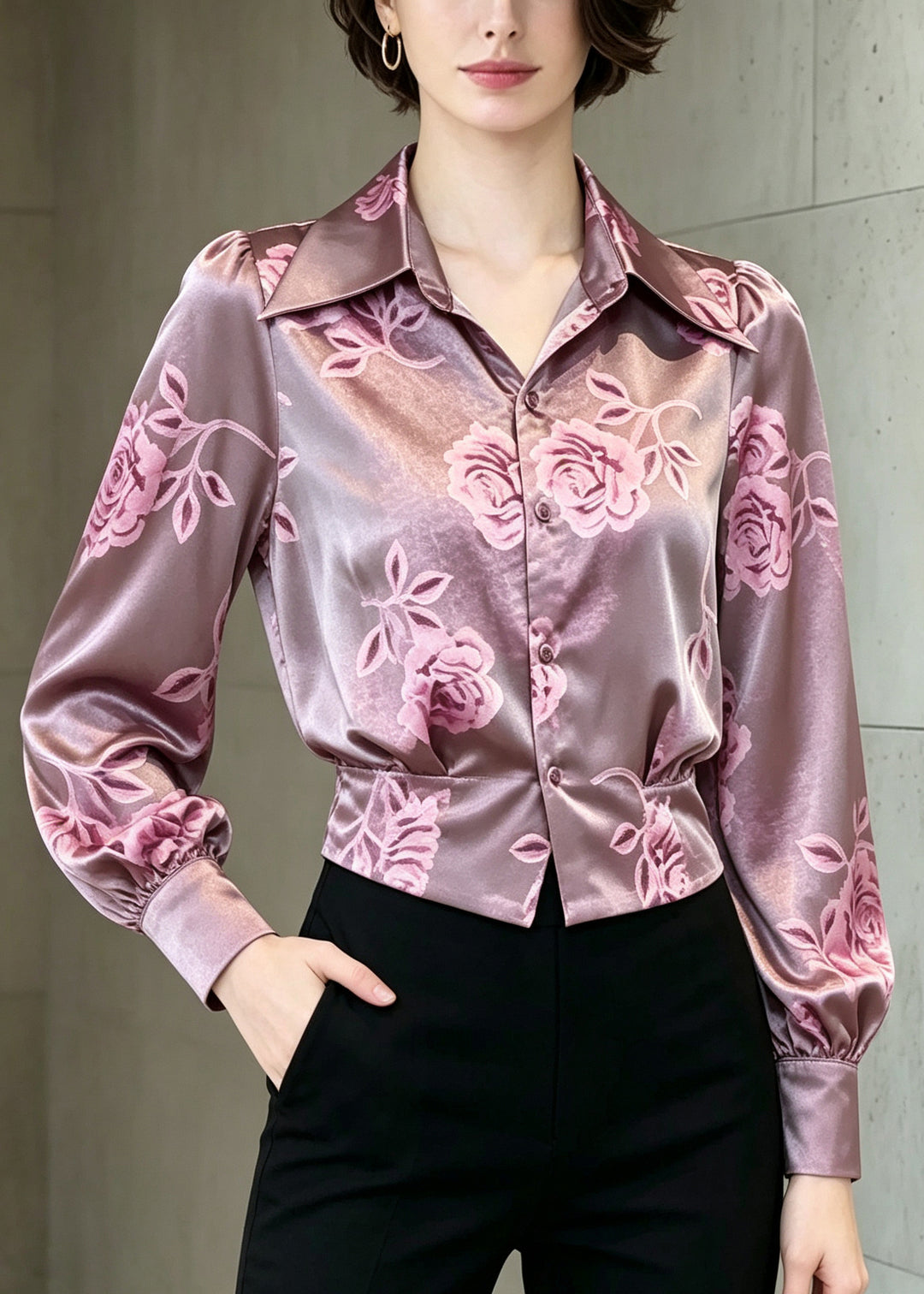 Italian Purple Peter Pan Collar Print Silk Top Summer