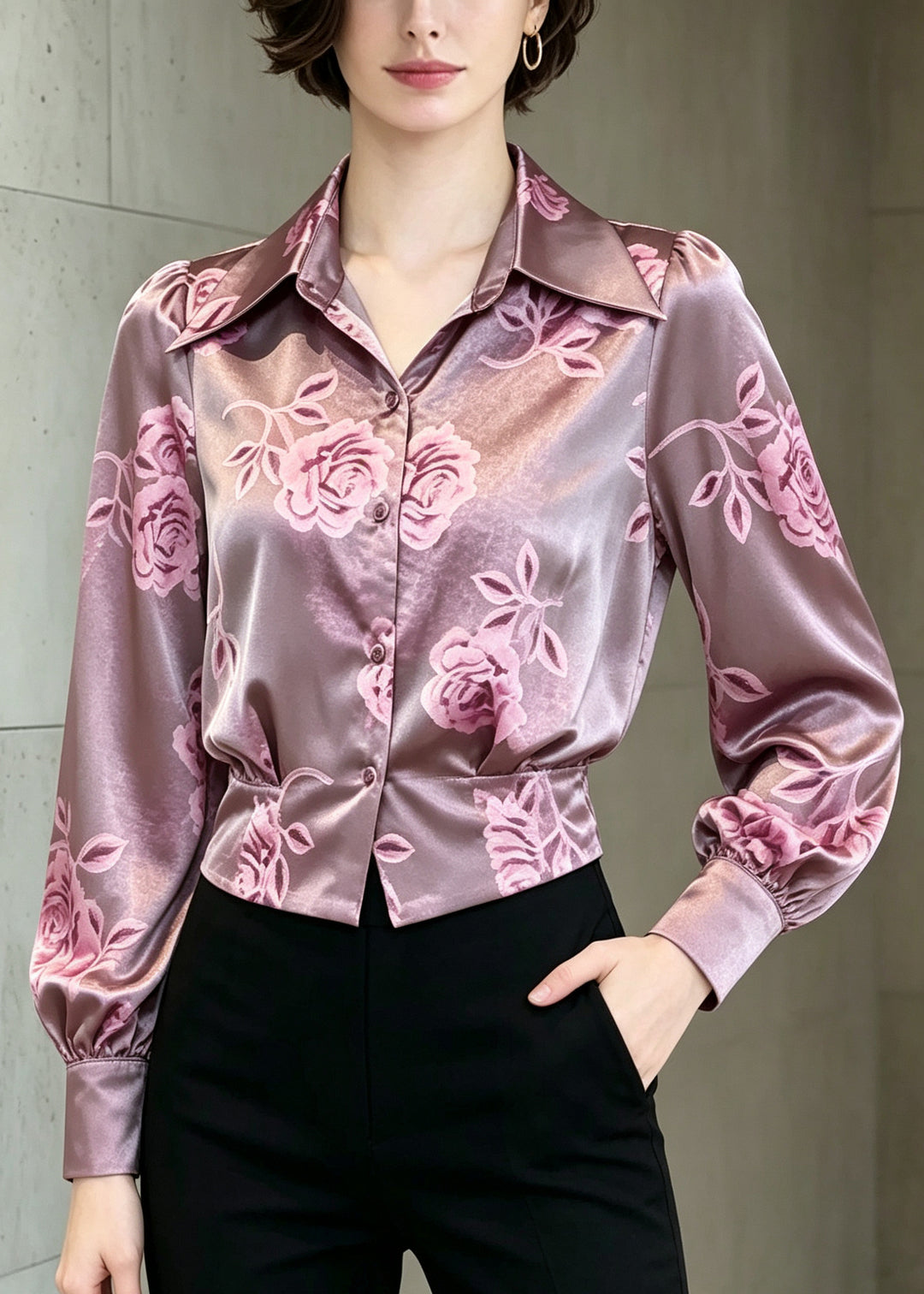 Italian Purple Peter Pan Collar Print Silk Top Summer