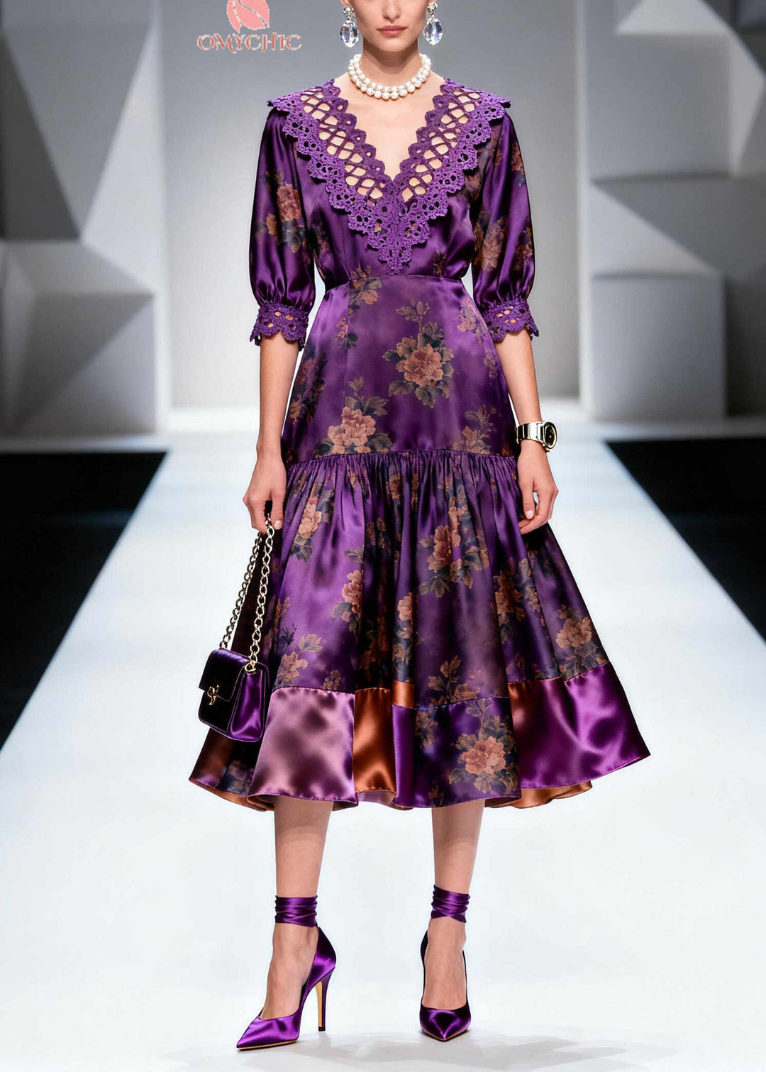 Italian Purple Print Lace Patchwork Silk Long Dress Summer