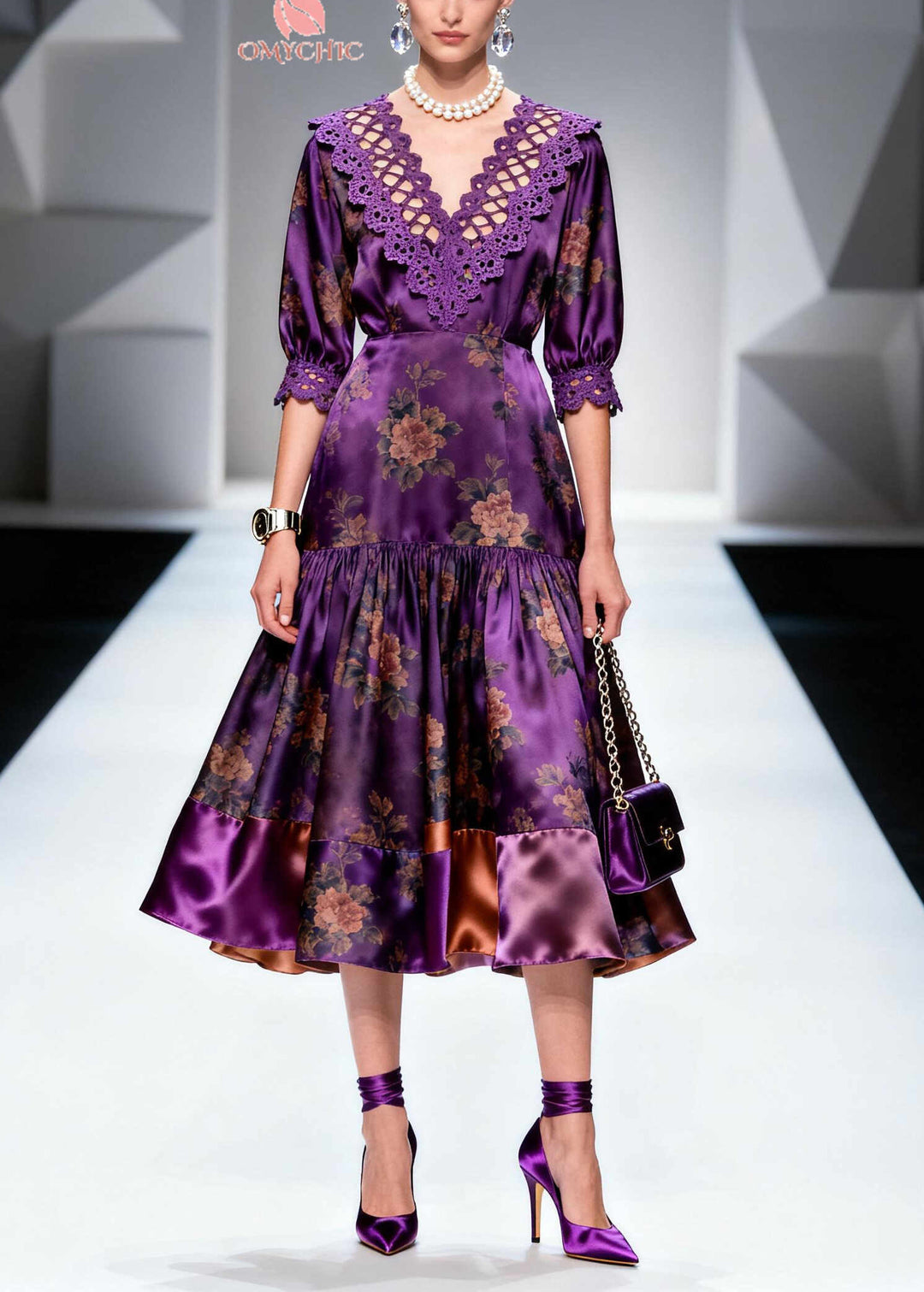 Italian Purple Print Lace Patchwork Silk Long Dress Summer