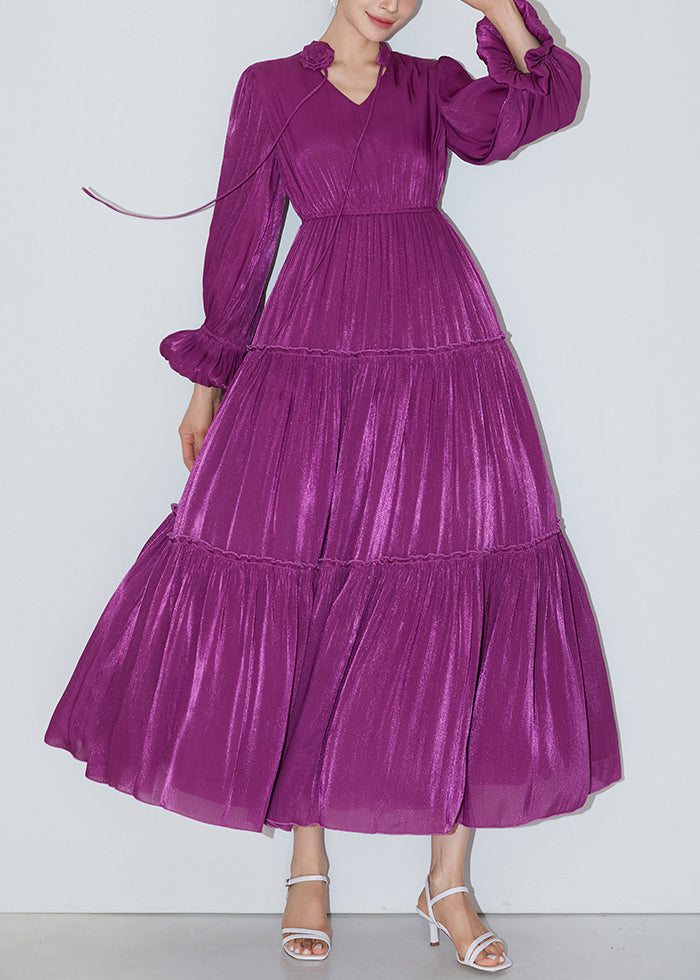 Italian Purple Ruffled Elastic Waist Silk Long Dresses Butterfly Sleeve