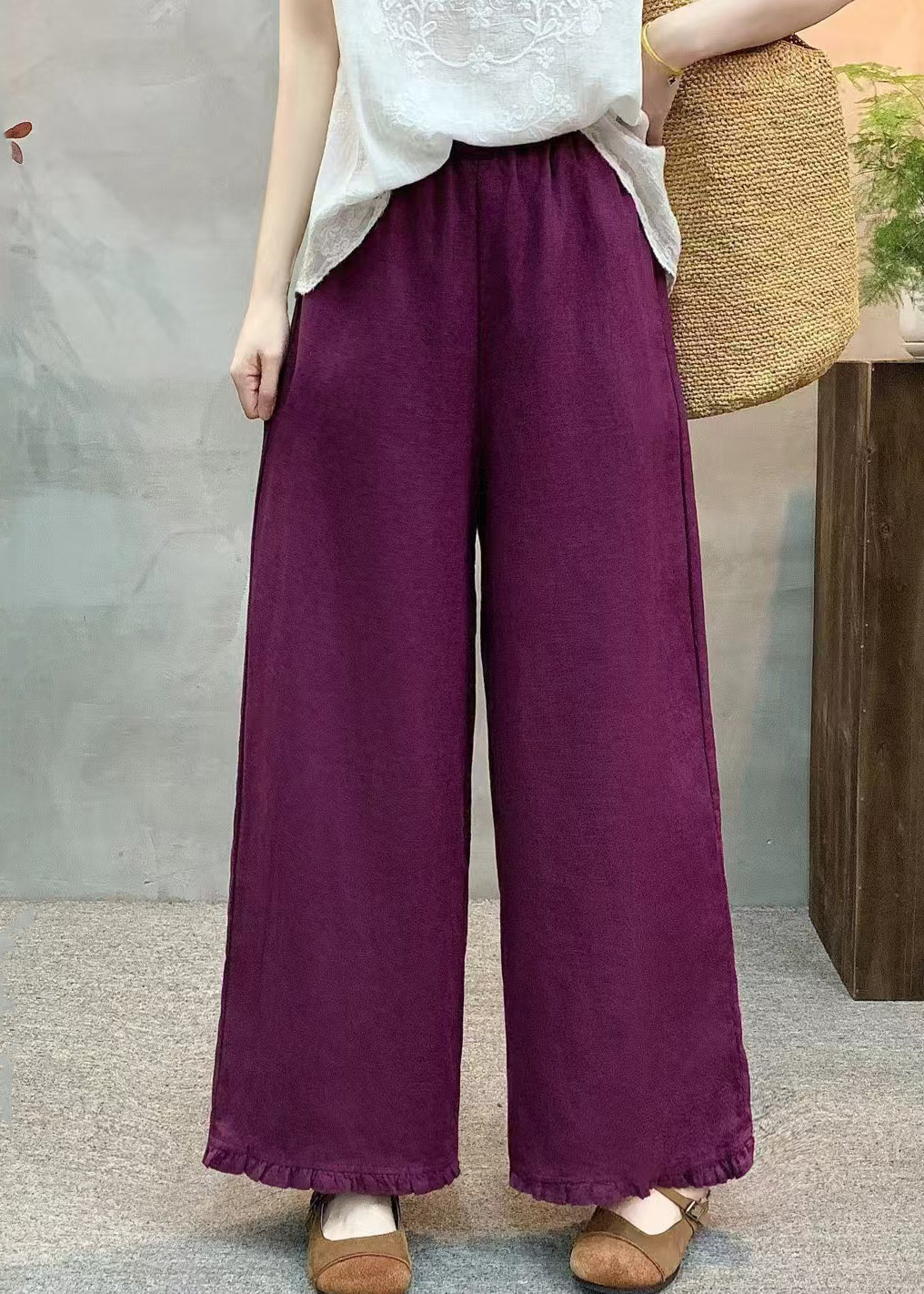Italian Purple Ruffled Linen Straight Pants Summer