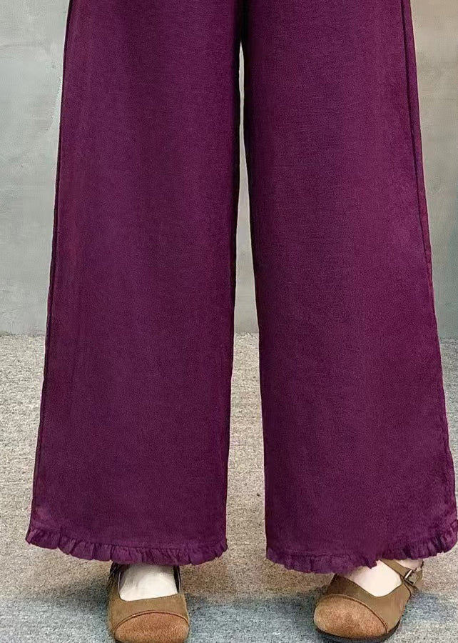 Italian Purple Ruffled Linen Straight Pants Summer