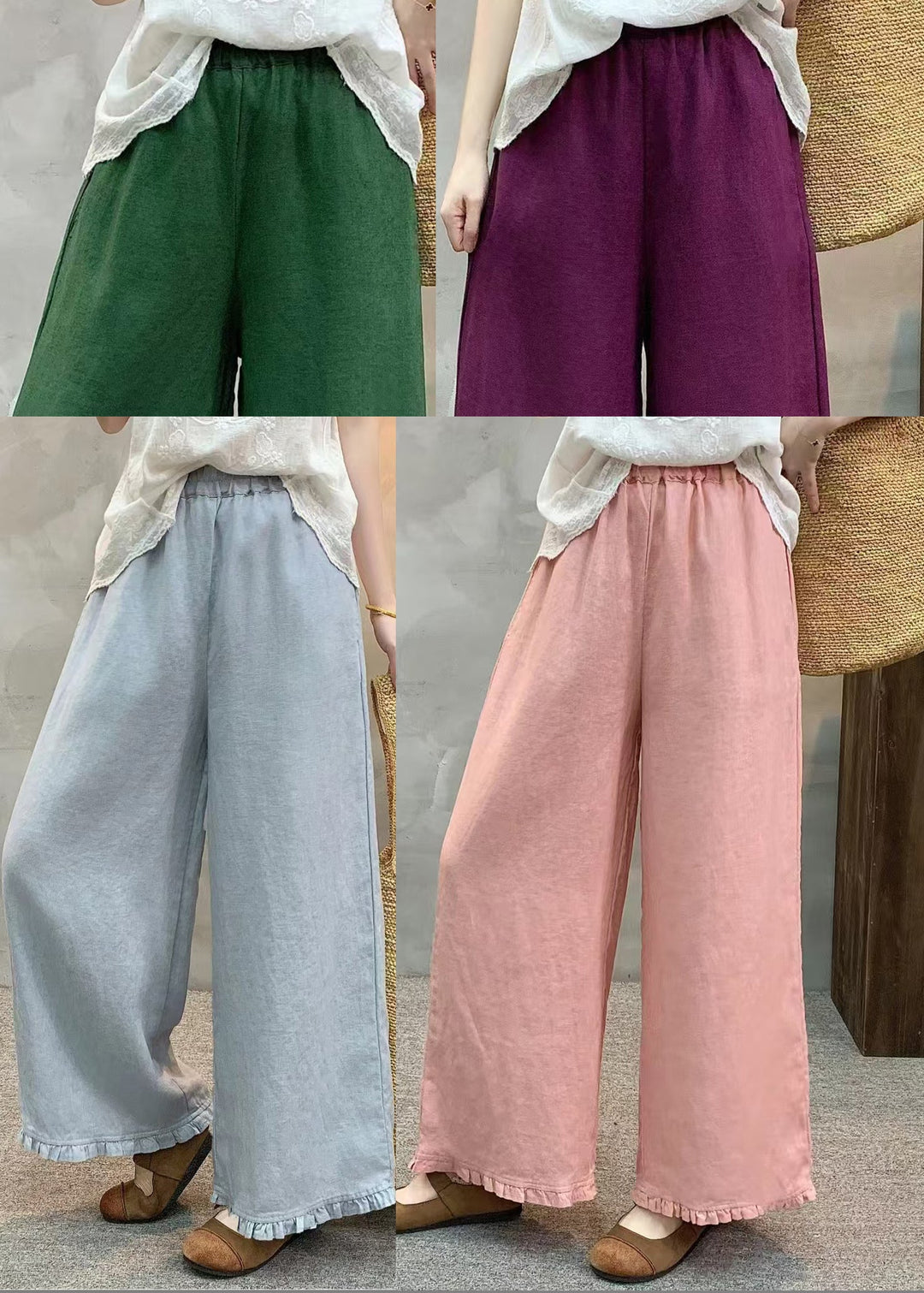 Italian Purple Ruffled Linen Straight Pants Summer