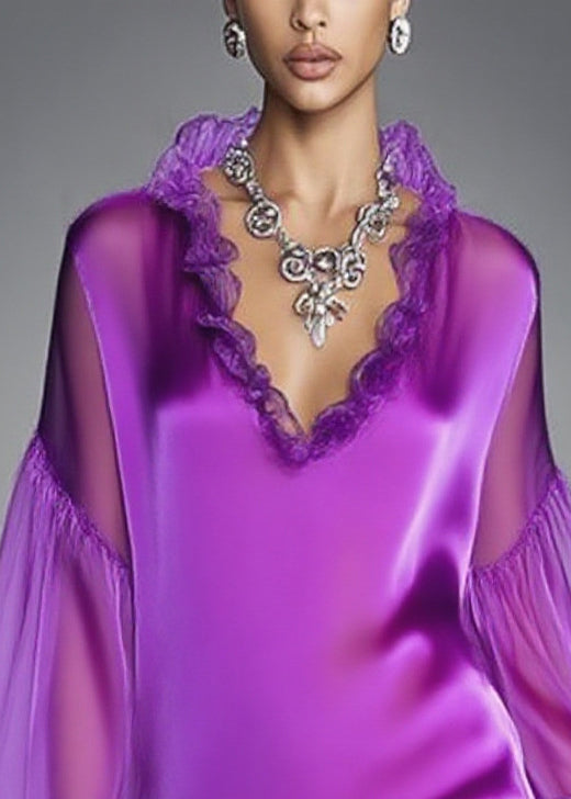 Italian Purple Ruffled Patchwork Chiffon Tea Dress Spring - Omychic