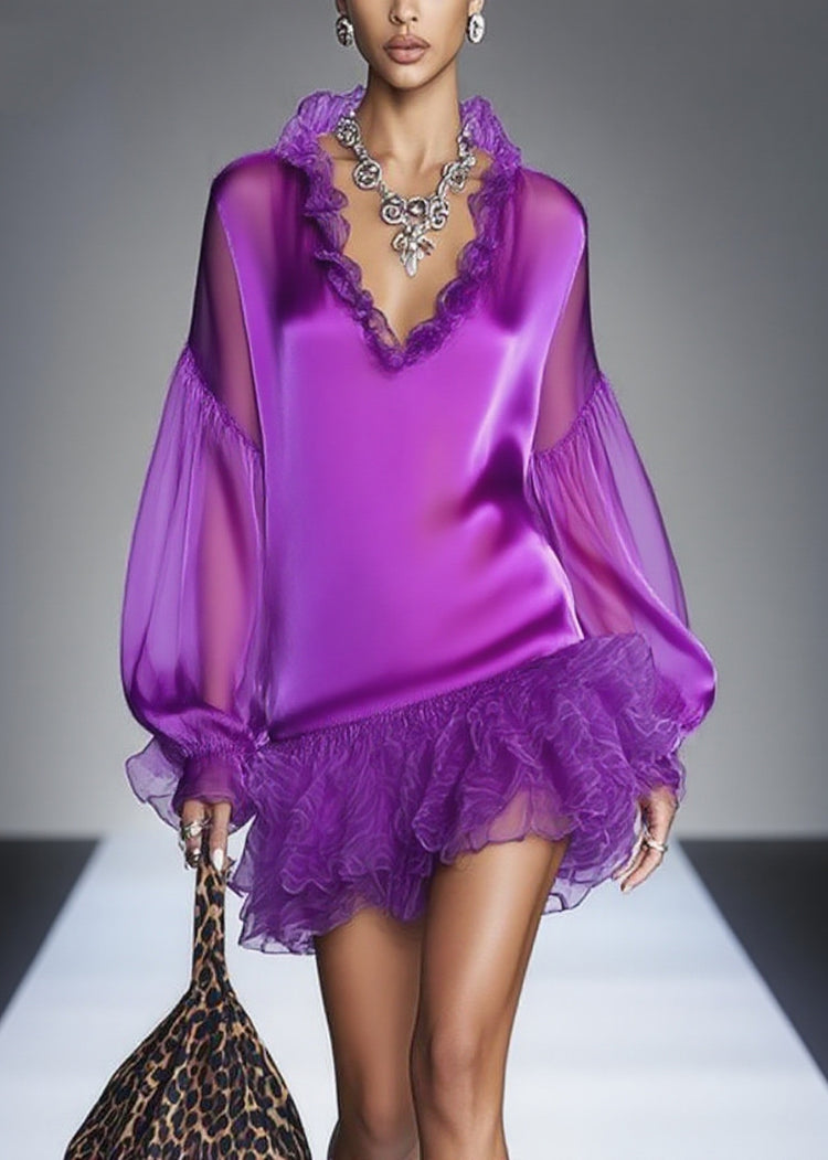 Italian Purple Ruffled Patchwork Chiffon Tea Dress Spring - Omychic