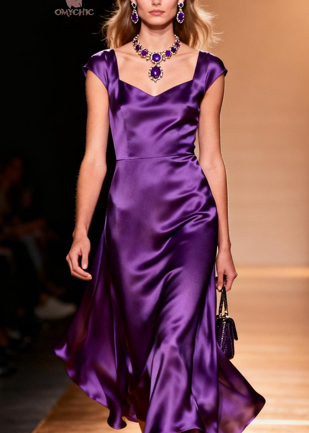 Italian Purple Square Collar Patchwork Silk Long Dresses Summer