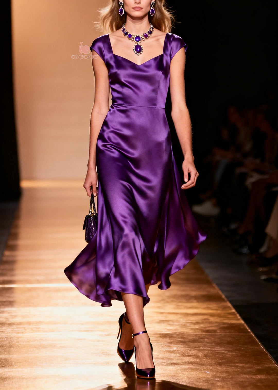Italian Purple Square Collar Patchwork Silk Long Dresses Summer