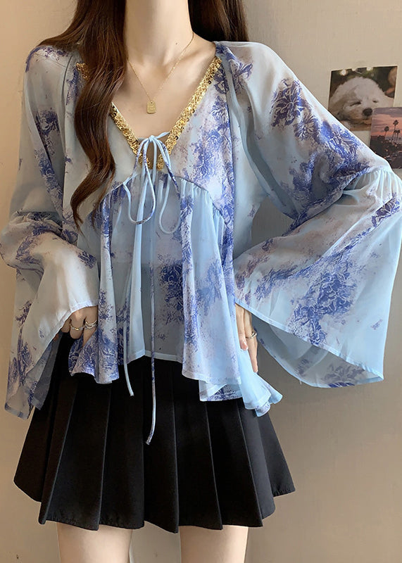 Italian Purple V Neck Lace Up Patchwork Chiffon Tops Fall