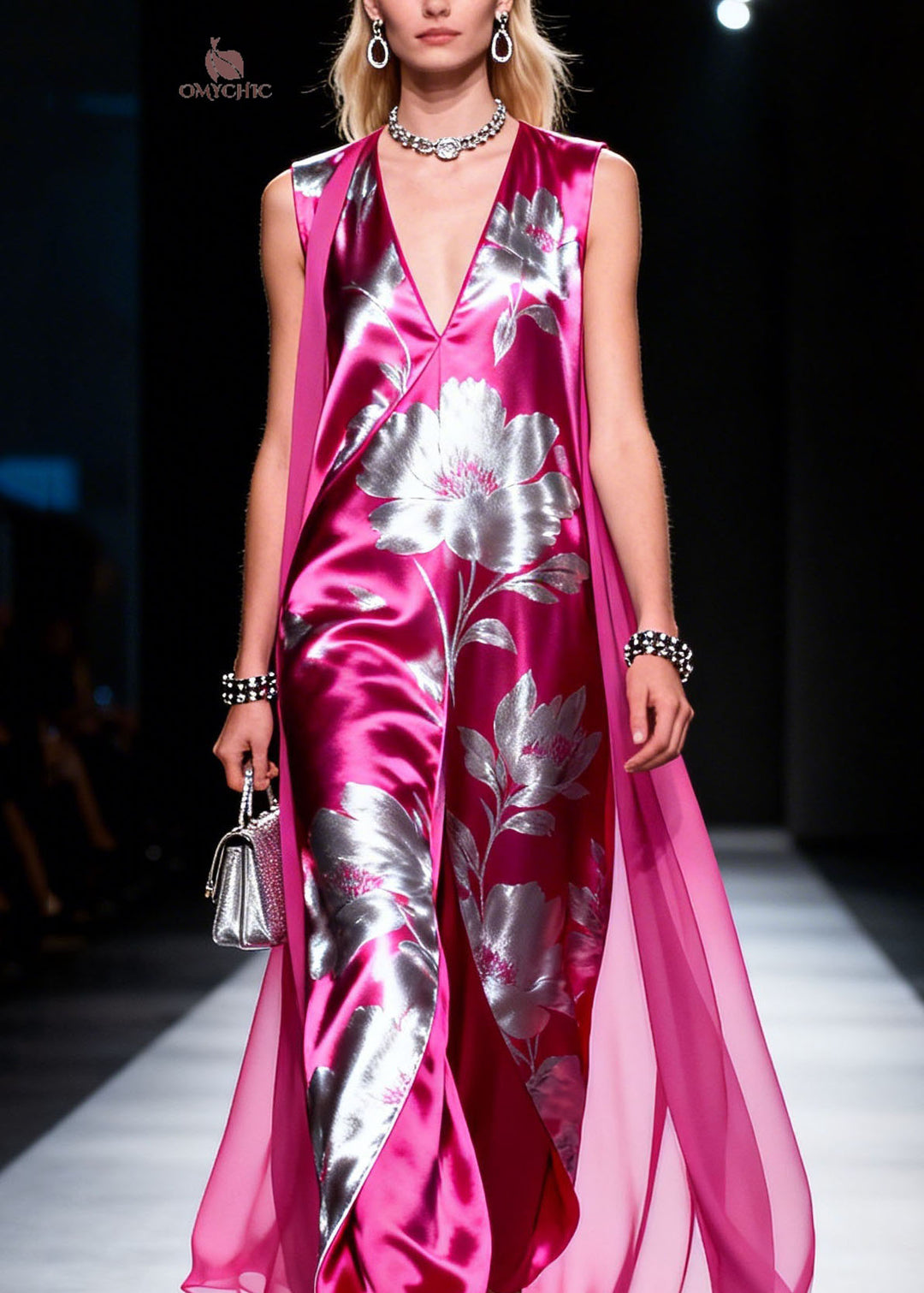 Italian Purple V Neck Print Silk Long Dress Sleeveless