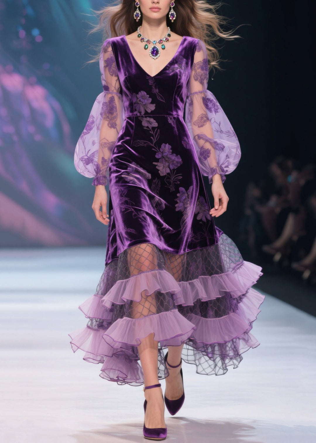 Italian Purple V Neck Print Tulle Ruffled Velvet Dress Fall