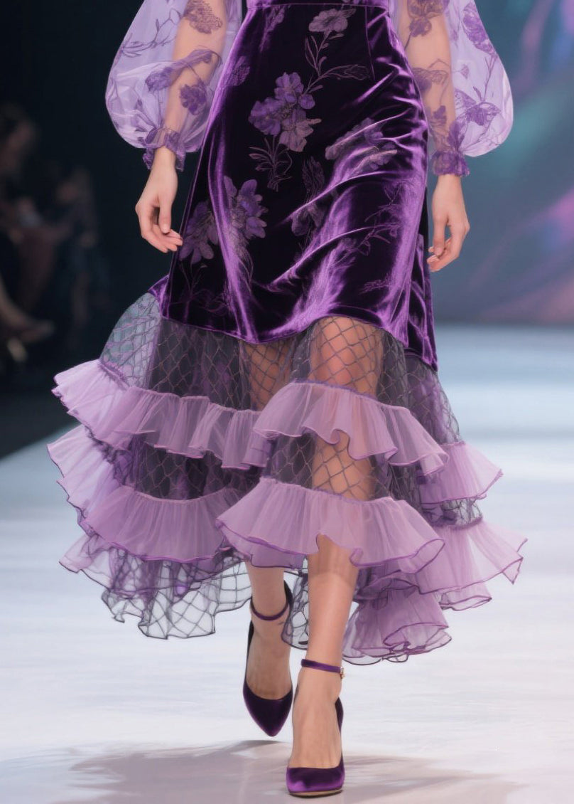 Italian Purple V Neck Print Tulle Ruffled Velvet Dress Fall