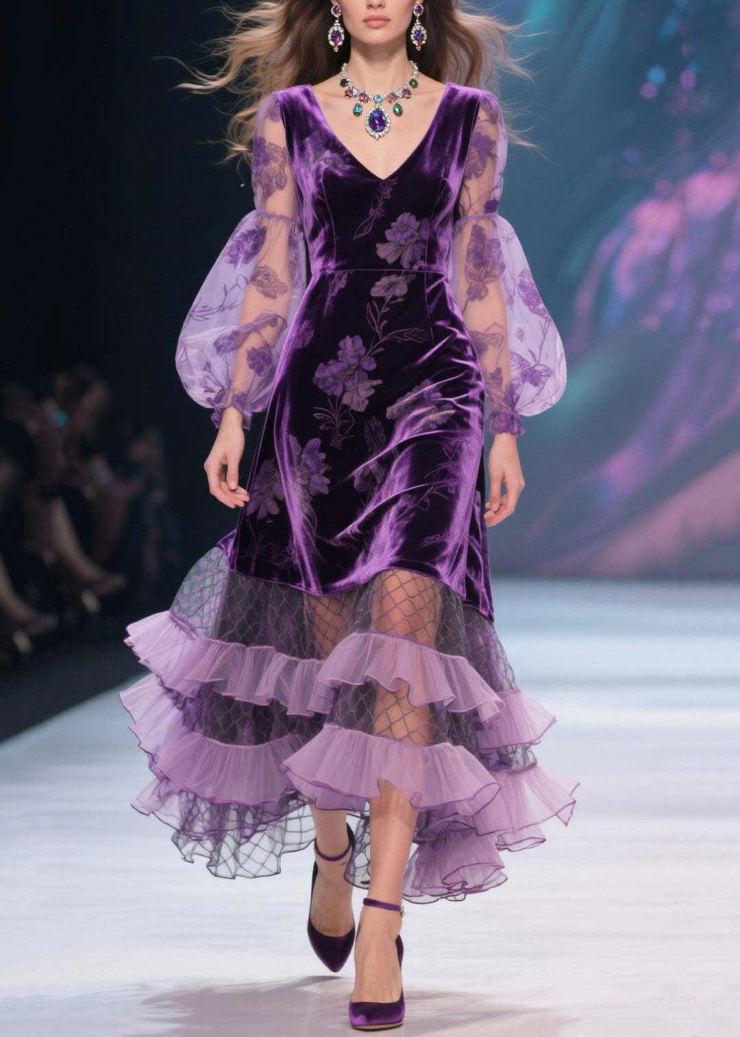 Italian Purple V Neck Print Tulle Ruffled Velvet Dress Fall