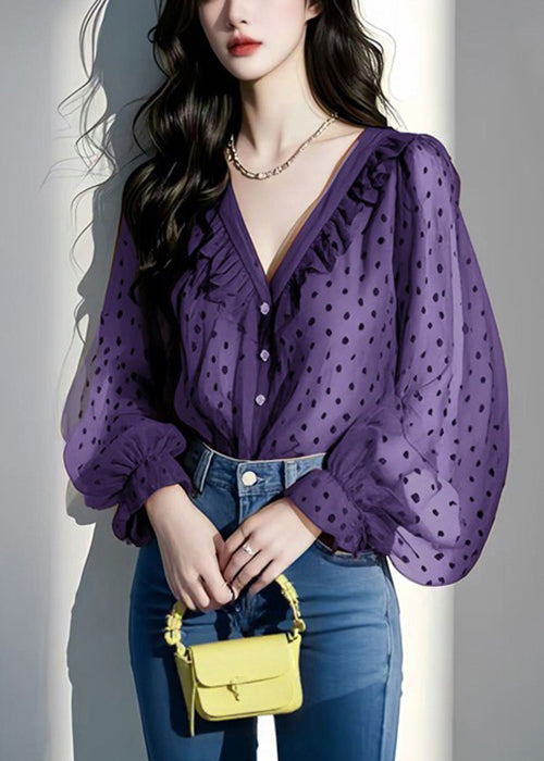 Italian Purple V Neck Ruffled Dot Chiffon Shirts Spring