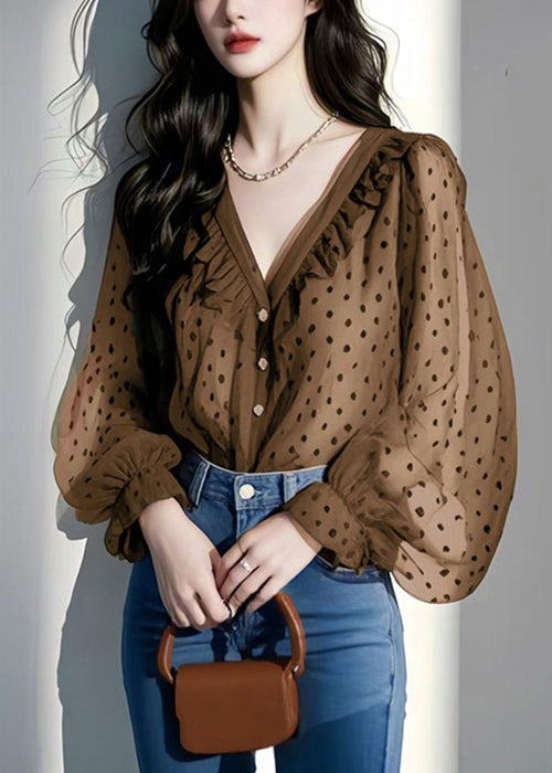Italian Purple V Neck Ruffled Dot Chiffon Shirts Spring