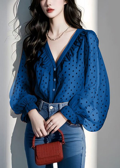 Italian Purple V Neck Ruffled Dot Chiffon Shirts Spring