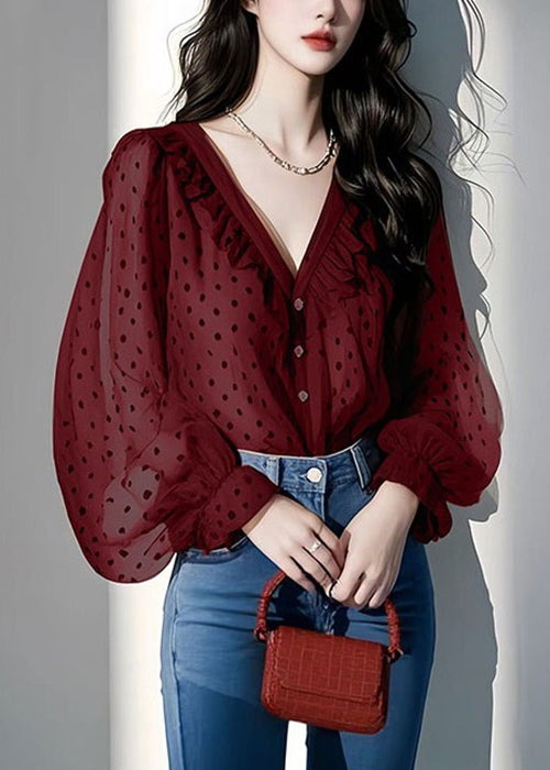 Italian Purple V Neck Ruffled Dot Chiffon Shirts Spring
